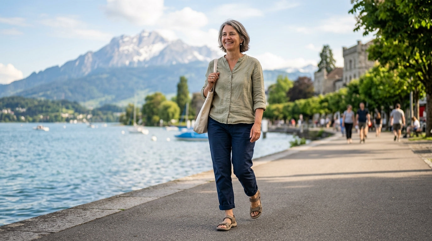 Frau trägt leichte bequeme Damenschuhe beim Spaziergang im Sommer